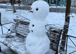 Бесснежной зимой в Театральном парке Борисоглебска появился первый снеговик