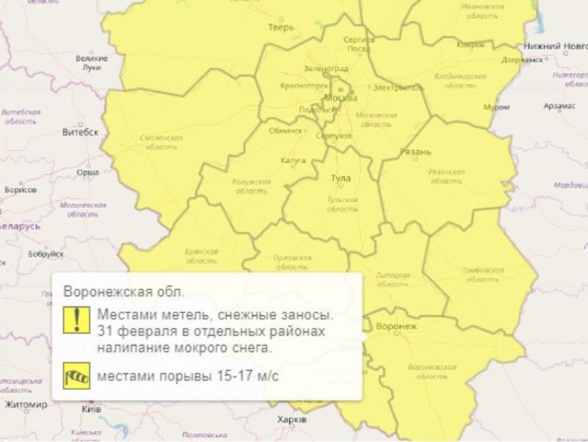 Желтый уровень опасности из-за погоды объявили в Воронежской области 